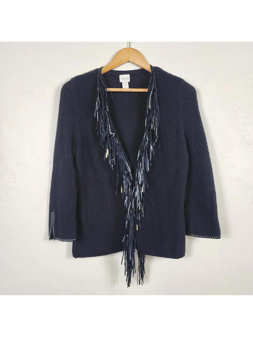 Chico’s Black  Knit Fringe Jacket Open Front Cardigan Size 1 Festival Western
